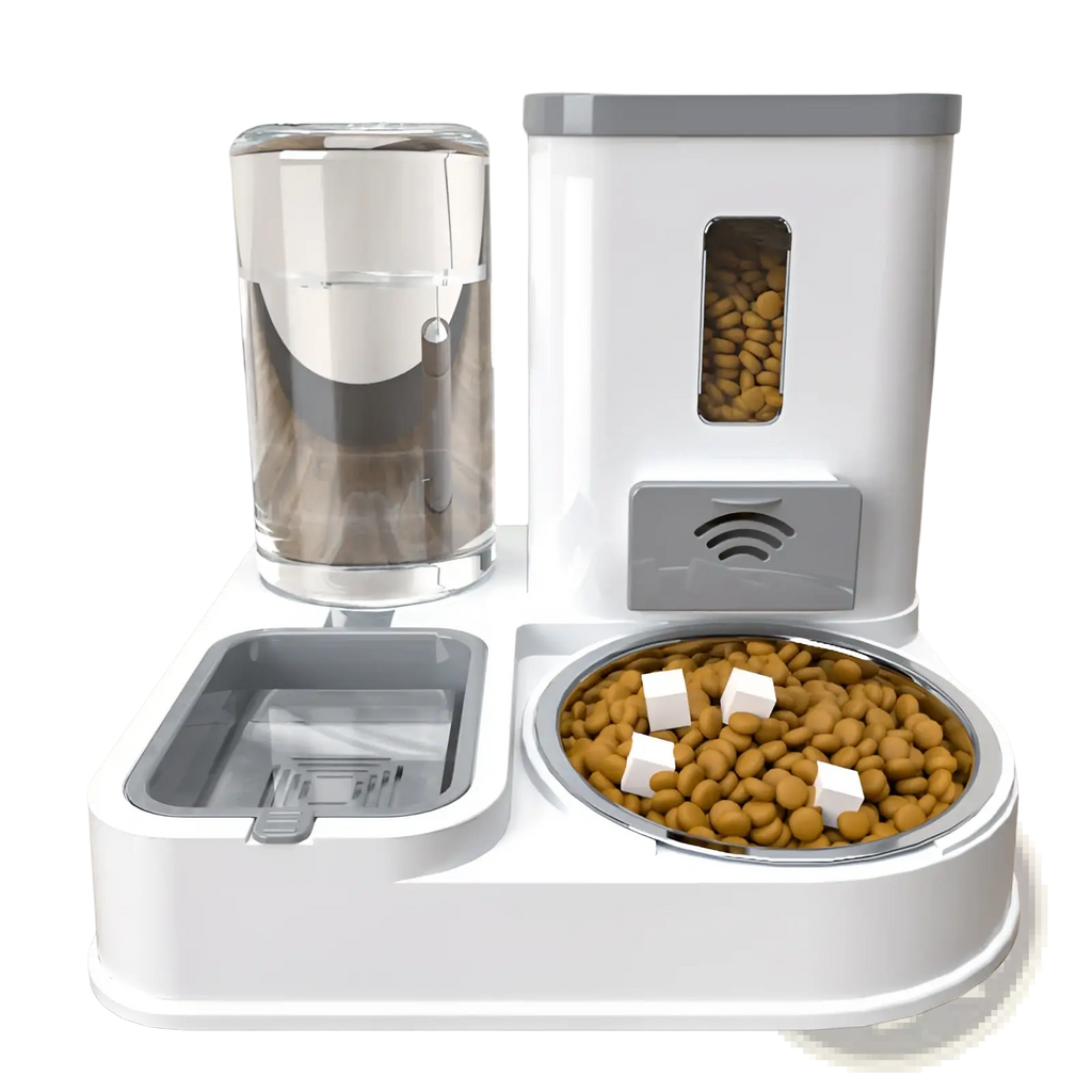 Automated pet feeder and water dispenser station in white and gray with transparent water dispenser and kibble bowl