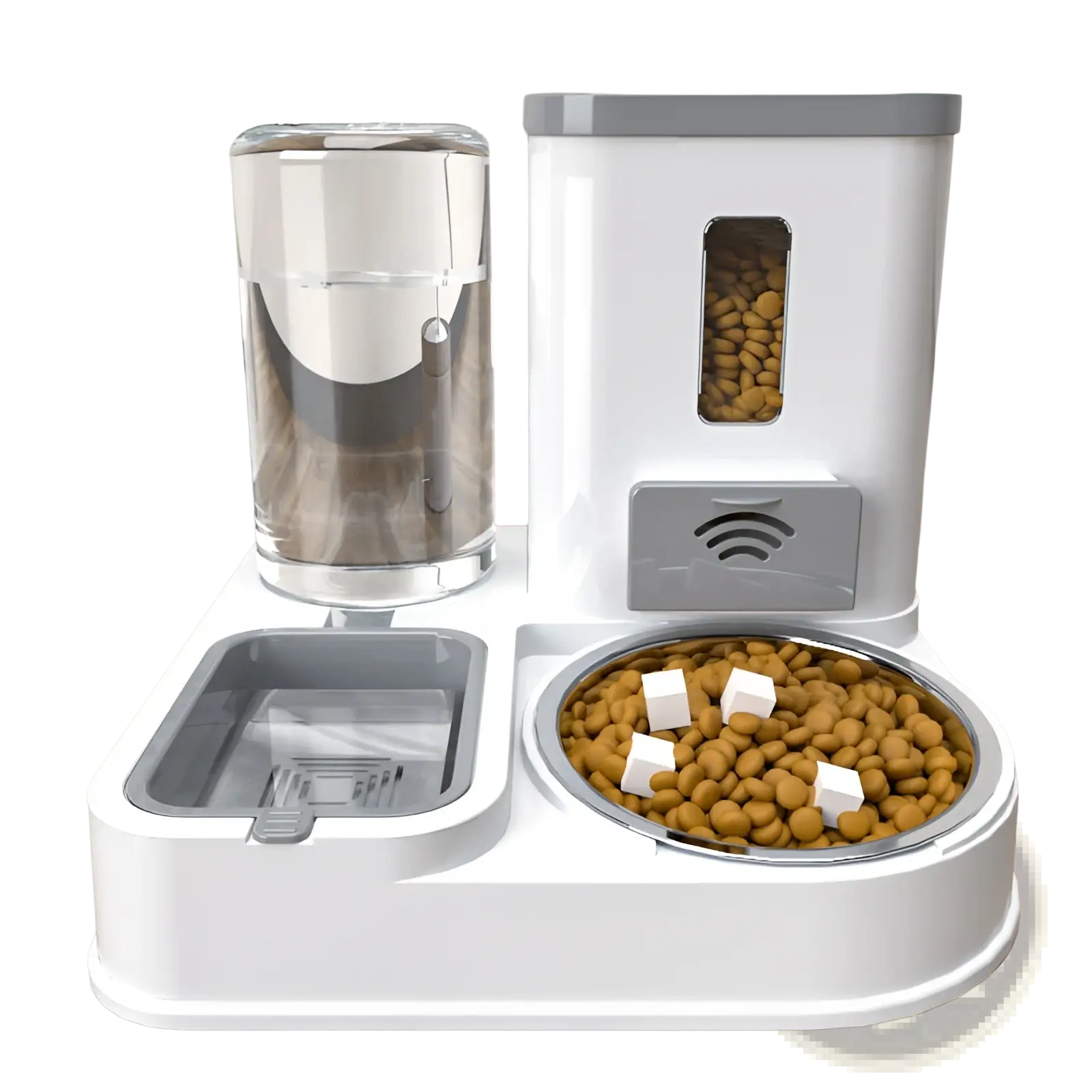 Automated pet feeder and water dispenser station in white and gray with transparent water dispenser and kibble bowl