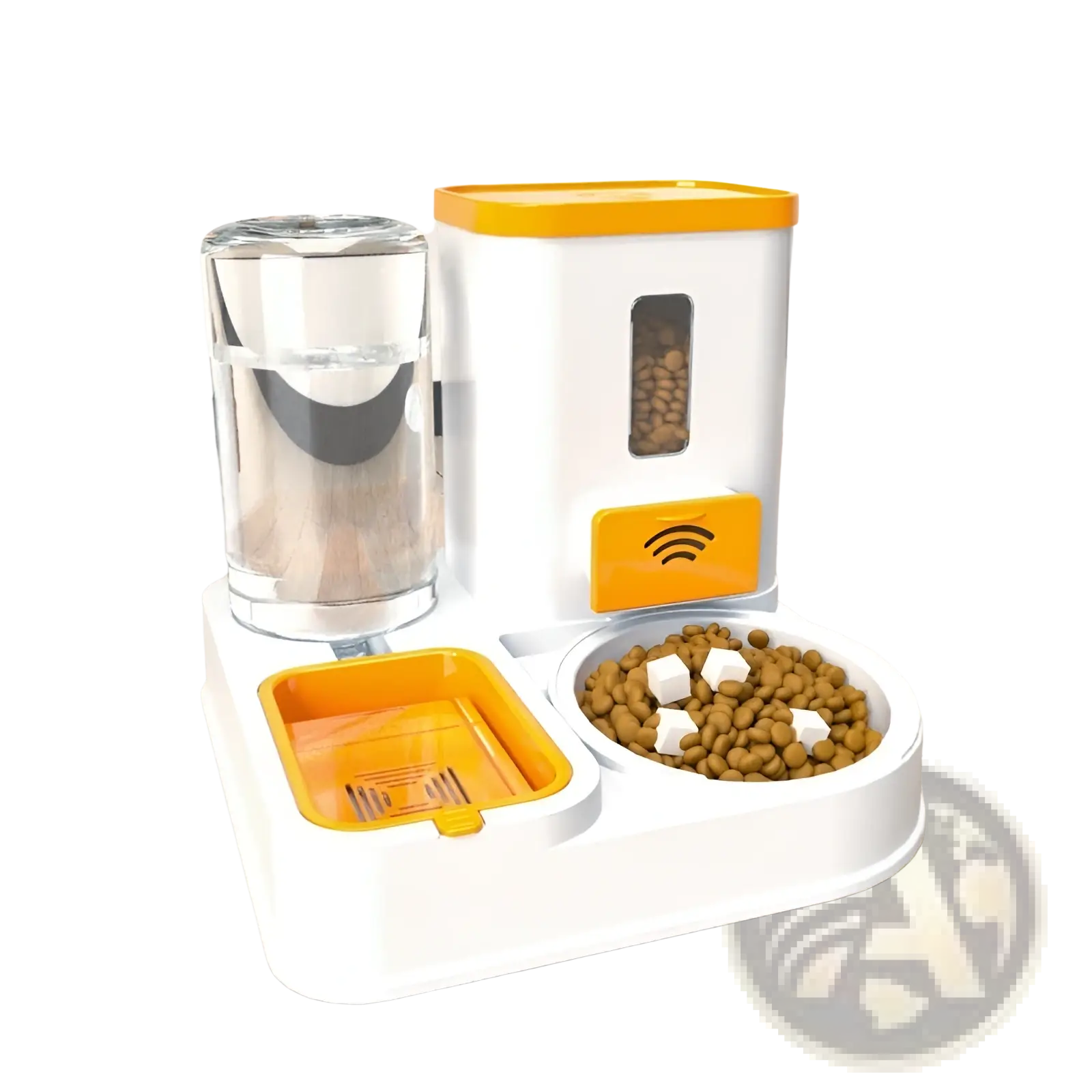 Automated pet feeder and water dispenser station in white and orange with transparent water bottle and anti-hair bowl