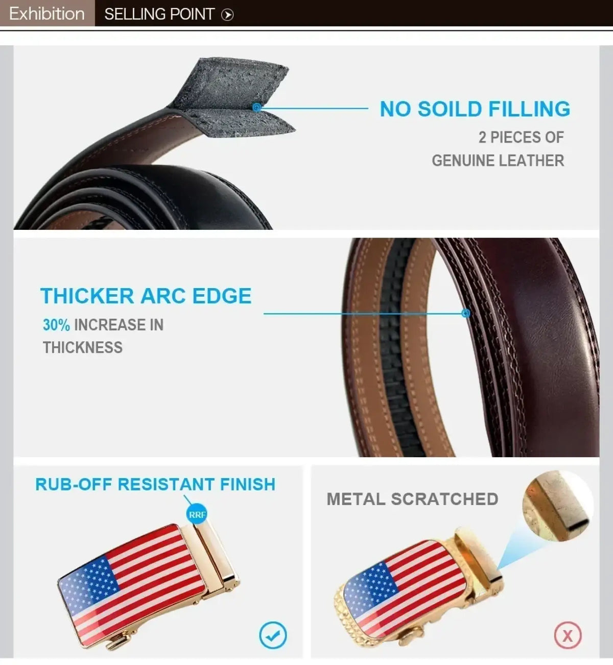 Automatic buckle leather belt with american flag-patterned buckle black leather with reinforced edges and scratch-resistant finish