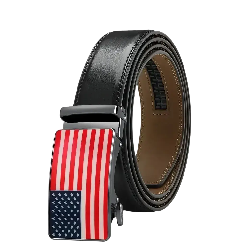 Black leather belt with silver-toned automatic buckle featuring american flag design for patriotic wear