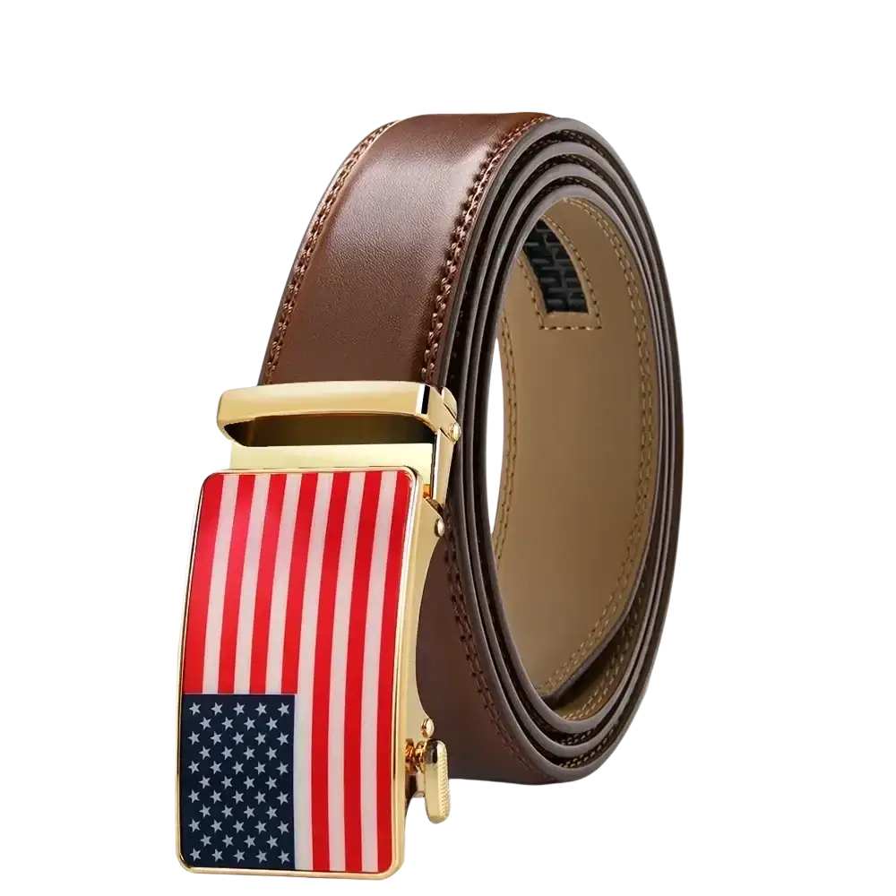 Brown leather belt with gold-tone automatic buckle featuring an american flag design and american flag motif