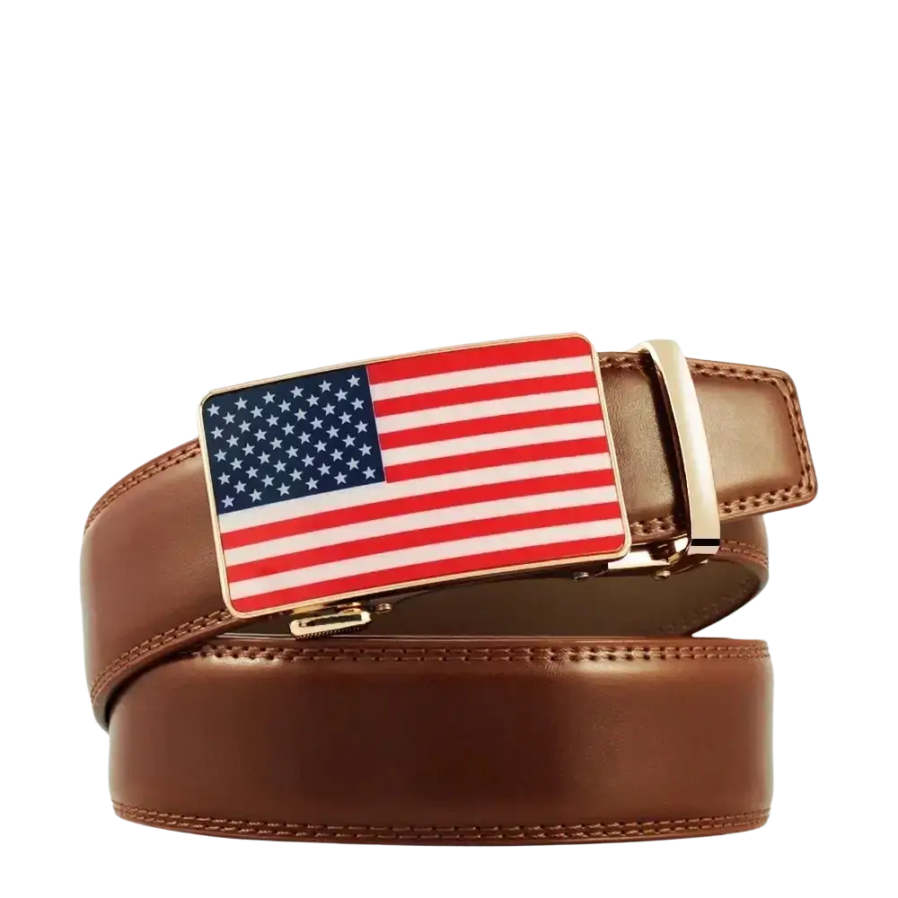Brown leather belt with automatic buckle featuring a rectangular american flag design in red white and blue colors