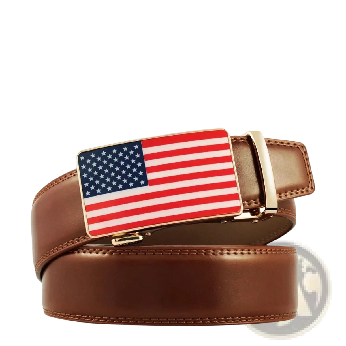 Brown leather belt with an automatic rectangular buckle featuring an American flag design