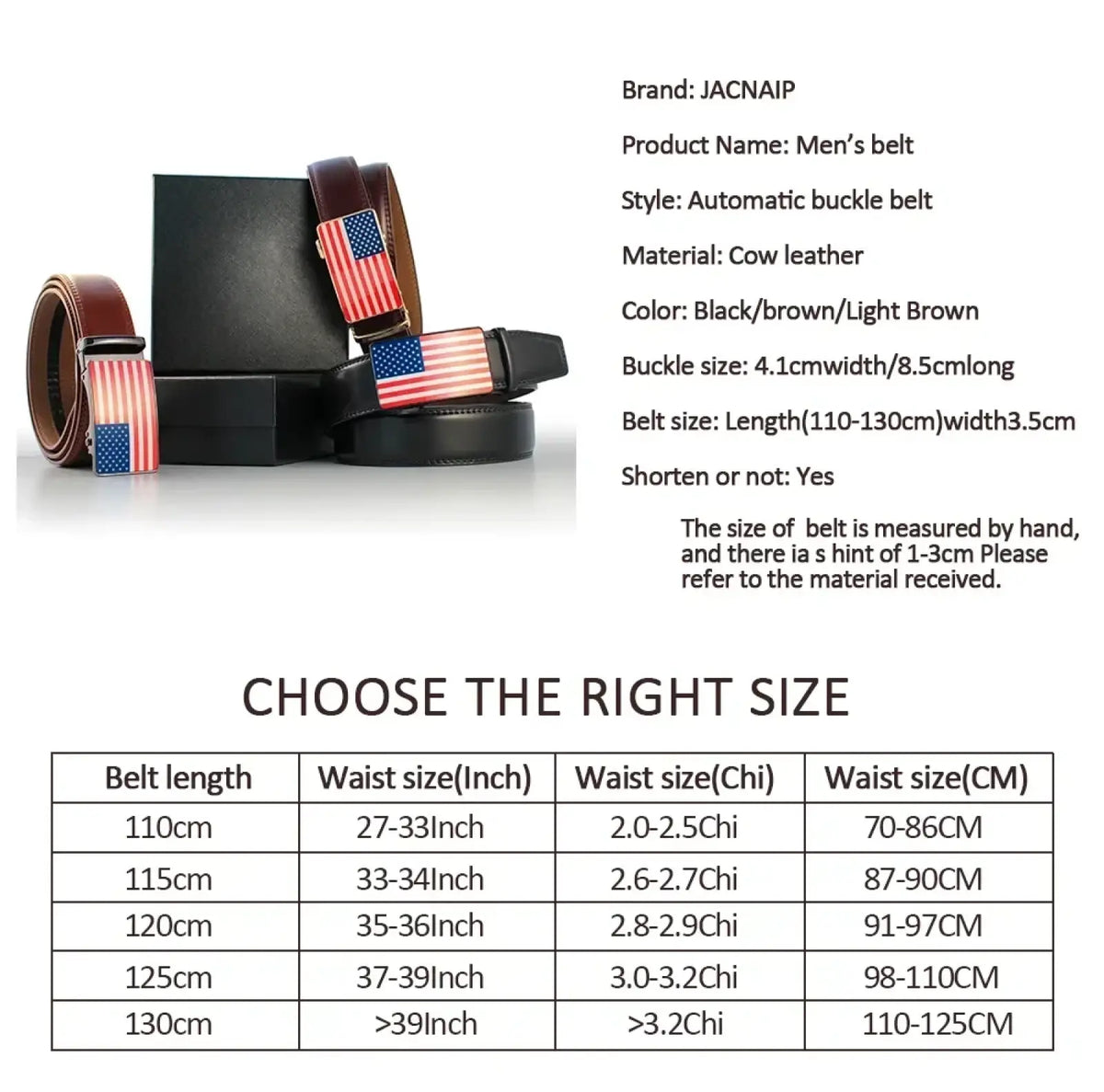 Jacnaip men’s automatic buckle leather belt in black brown and light brown with american flag pattern buckle