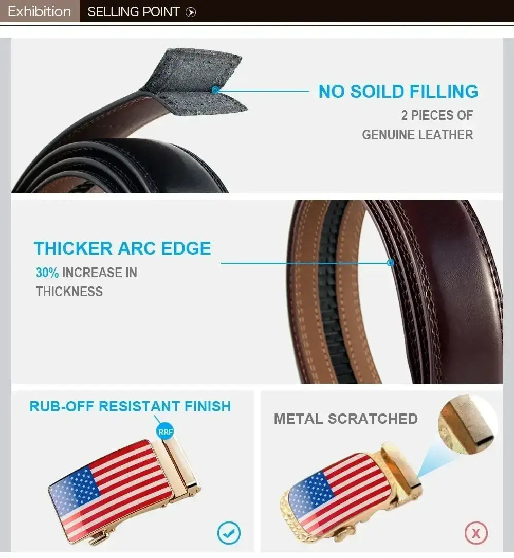 Automatic buckle leather belt featuring american flag design on buckle with black leather and reinforced edges