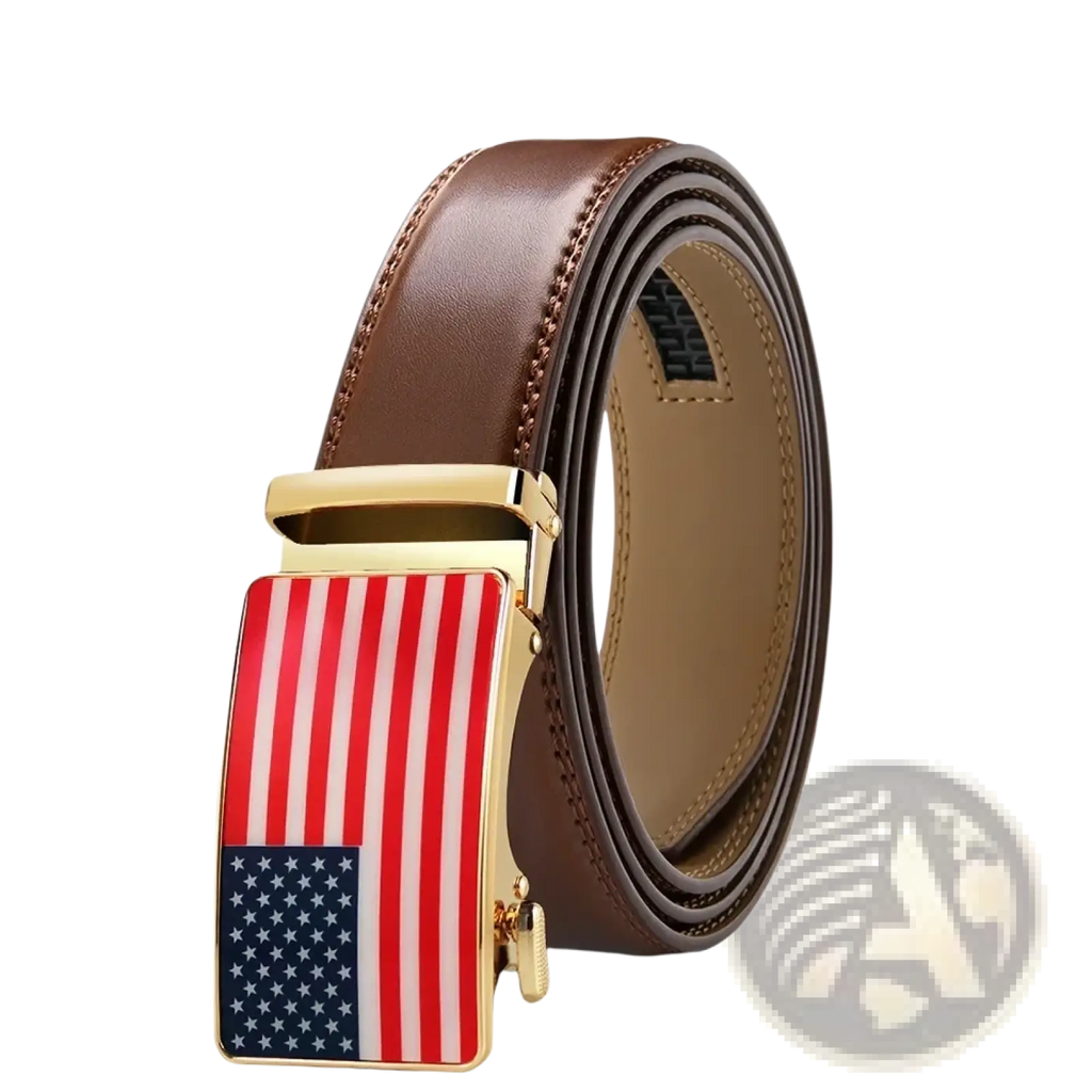 Brown leather belt with a gold-tone automatic buckle featuring an American flag design