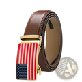 Brown leather belt with a gold-tone automatic buckle featuring an American flag design