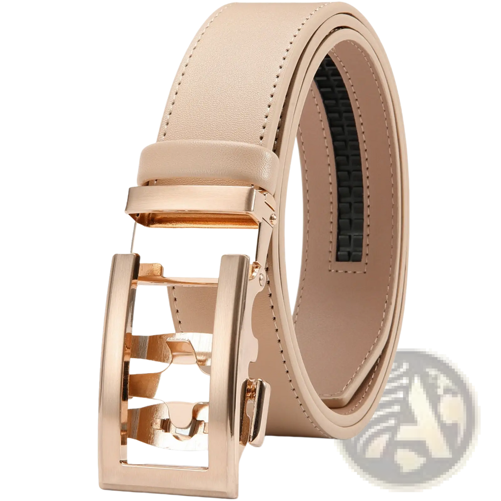 Beige leather belt for men with rose gold automatic buckle designed for business casual wear