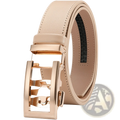 Beige leather belt for men with rose gold automatic buckle designed for business casual wear