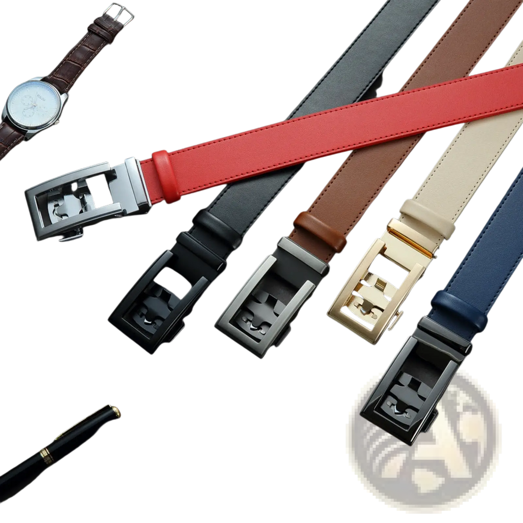 Red leather belt with a silver-toned automatic buckle designed for men business casual wear