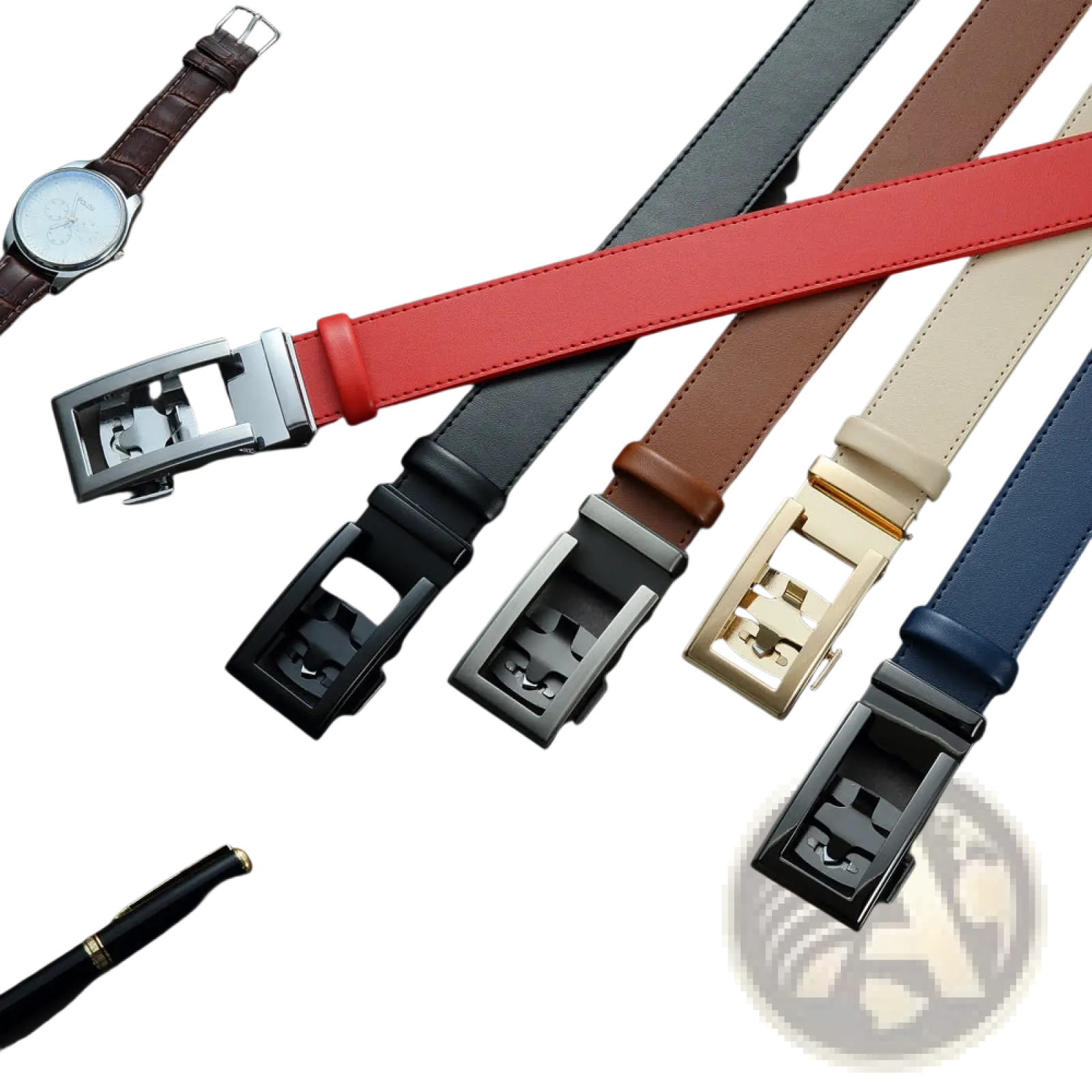Red leather belt with a silver-toned automatic buckle designed for men business casual wear