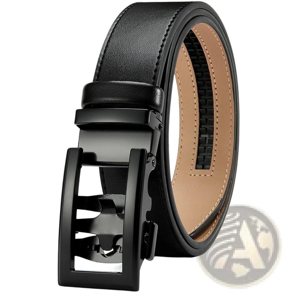 Black leather belt for men with a sleek matte-finish automatic buckle ideal for business casual wear