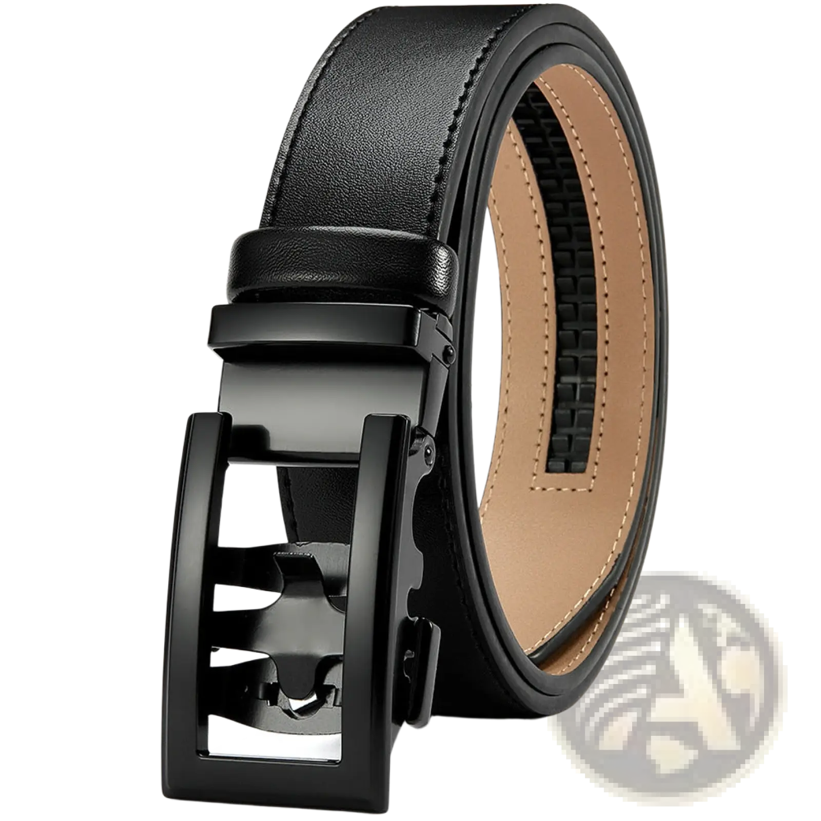 Black leather belt for men with a sleek matte-finish automatic buckle ideal for business casual wear