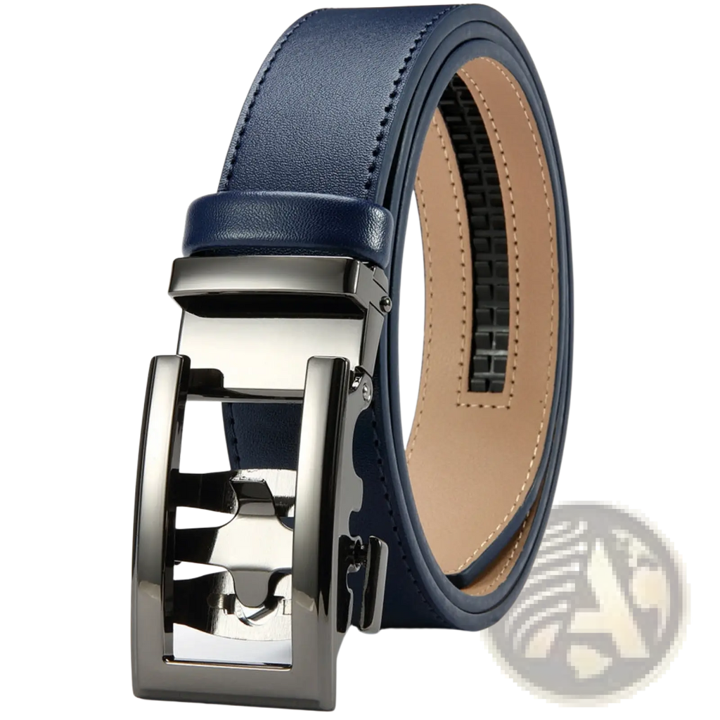Navy blue leather belt for men with a sleek metallic automatic buckle ideal for business casual wear
