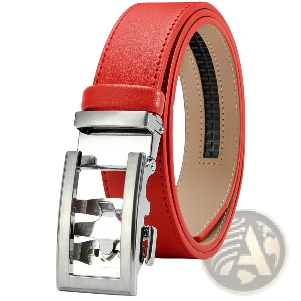 Red leather belt for men with a silver-toned automatic buckle suitable for business casual attire