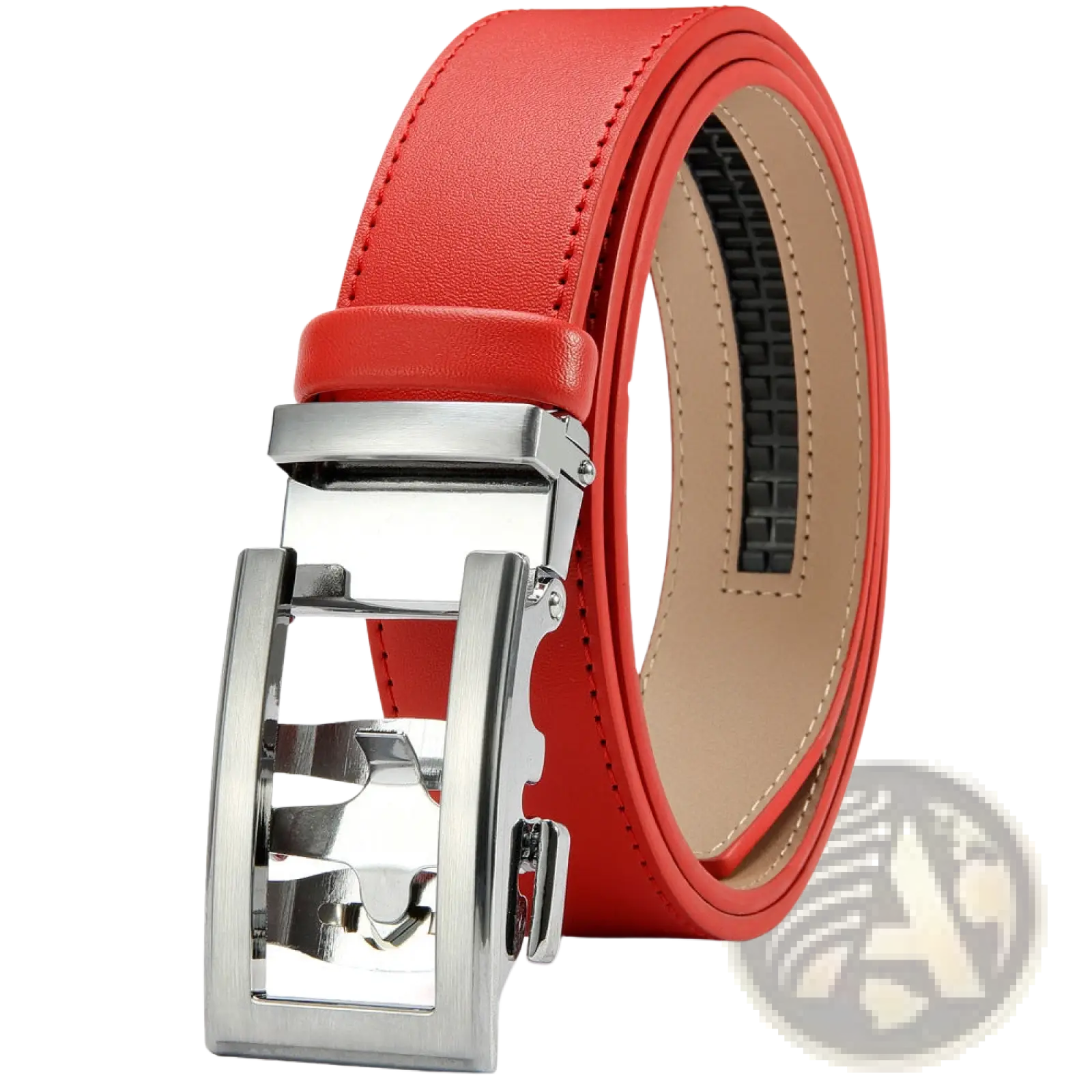 Red leather belt for men with a silver-toned automatic buckle suitable for business casual attire