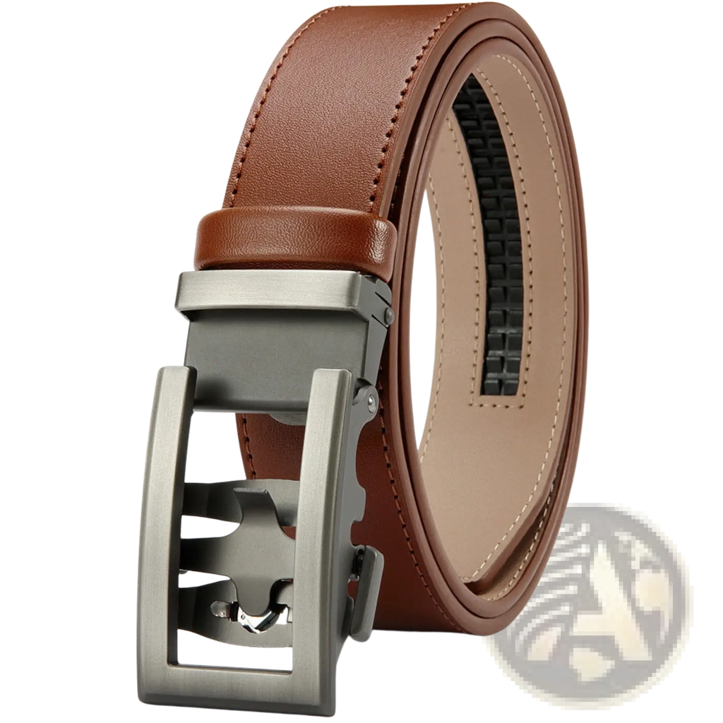 Brown leather belt with matte silver-toned automatic buckle for men’s business casual wear