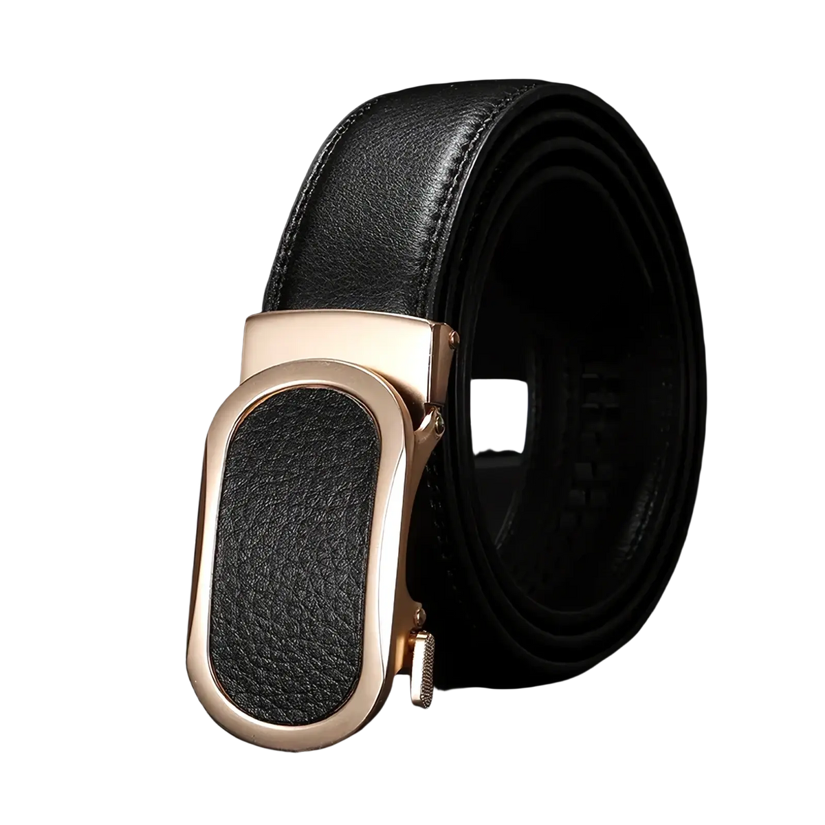 Black leather automatic buckle belt with rose gold-toned buckle and black textured inset for casual men