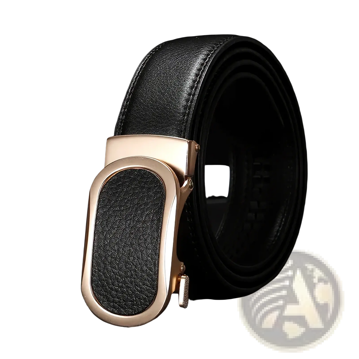 Black leather automatic buckle belt with rose gold-toned buckle and inset black textured panel for casual men