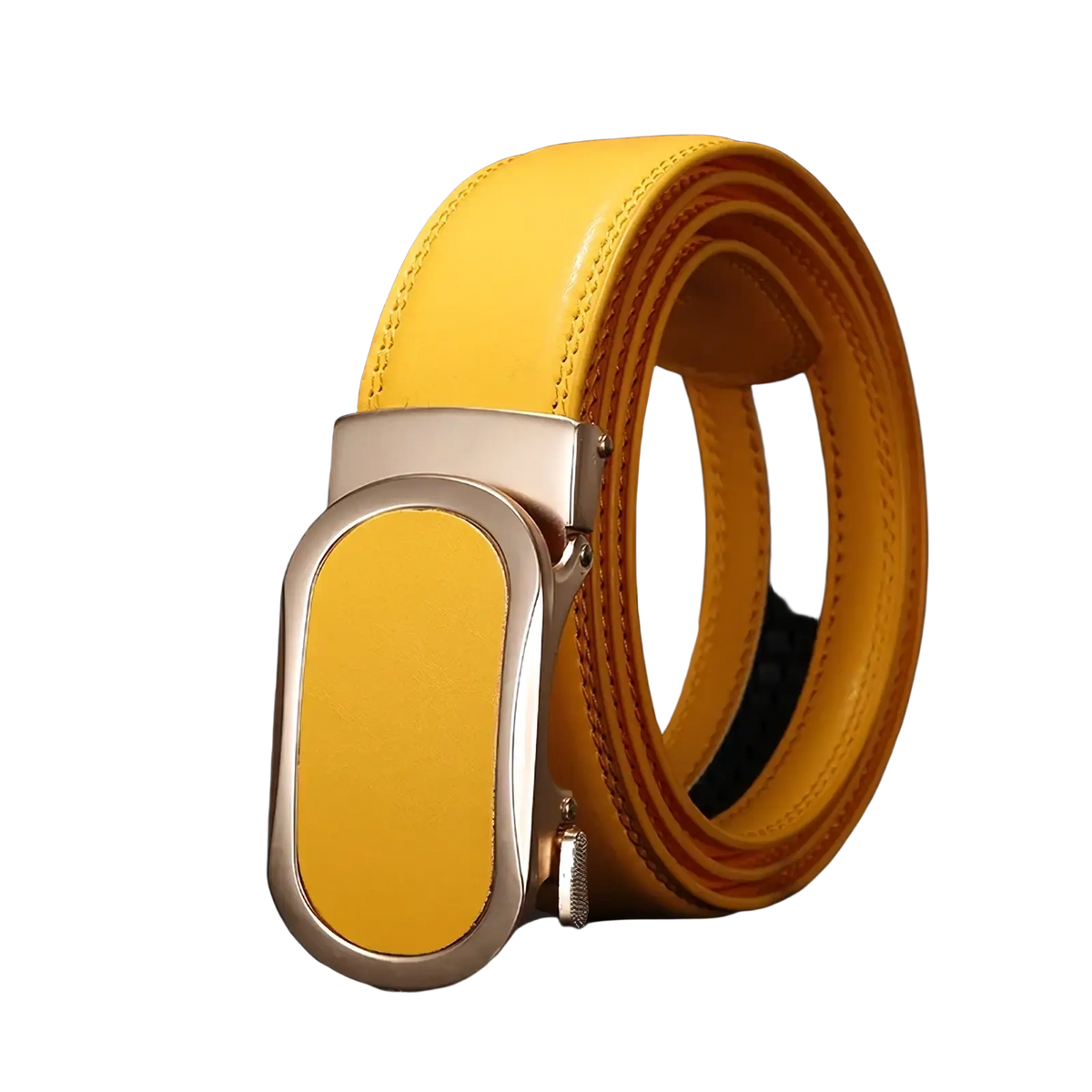 Automatic buckle leather belt in bright yellow with a sleek metallic gold-toned buckle for casual men multicolor use