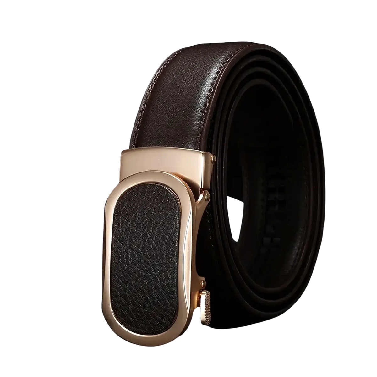 Brown leather belt with rose gold automatic buckle and black textured inlay for casual men leather belts