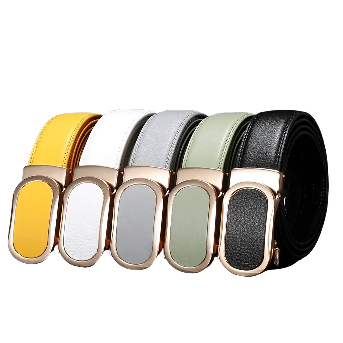 Five leather belts with gold-tone automatic buckles in yellow white gray sage green and black for casual men