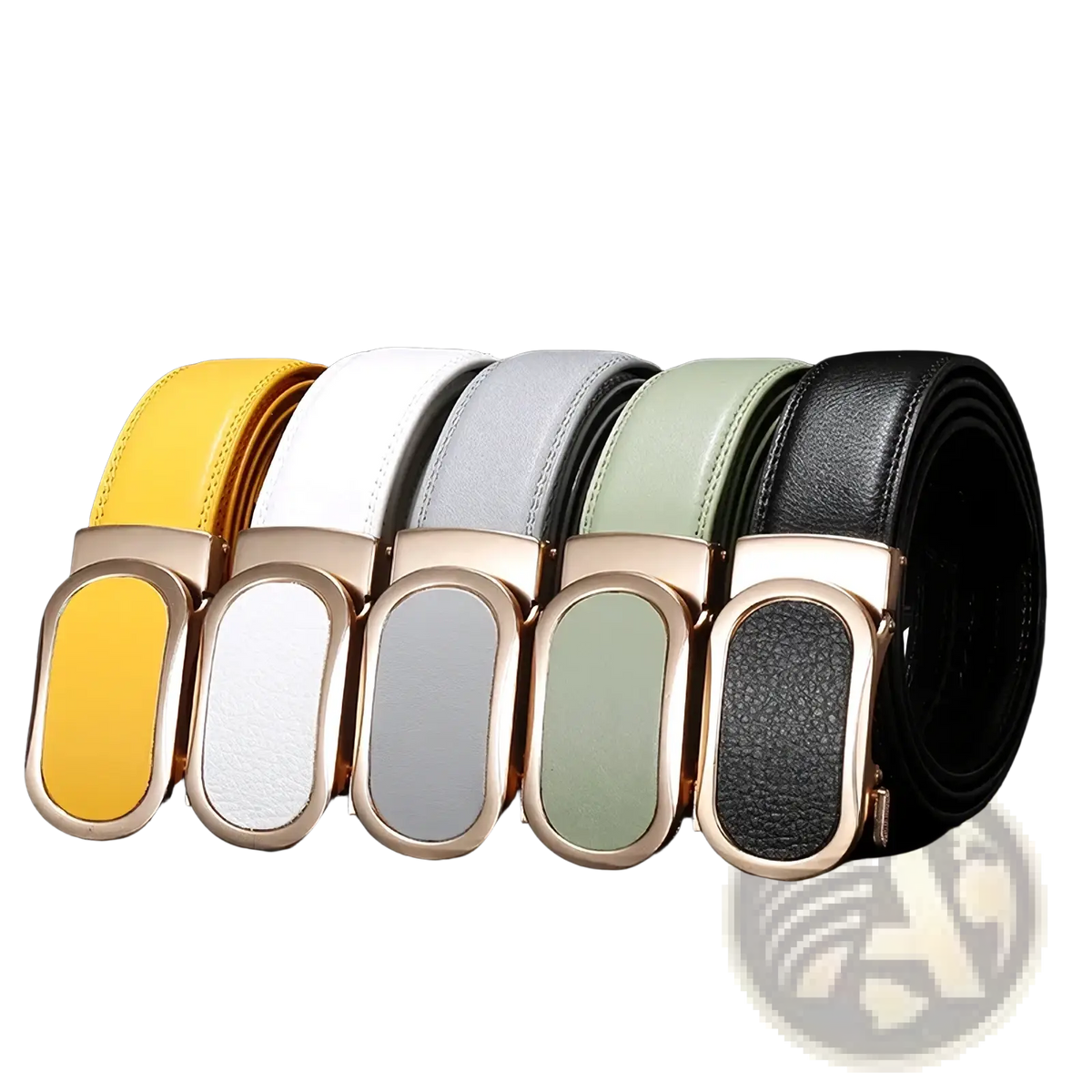 Five leather belts with gold-tone automatic buckles in yellow white gray sage green and black for casual men