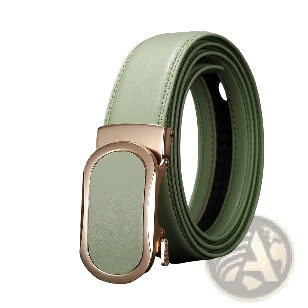 A sleek mint green leather automatic buckle belt with rose gold tone for casual men multicolor use