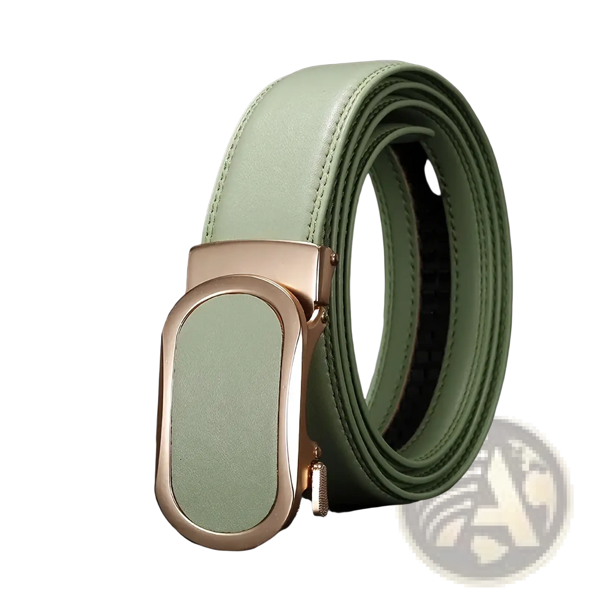 A sleek mint green leather automatic buckle belt with rose gold tone for casual men multicolor use