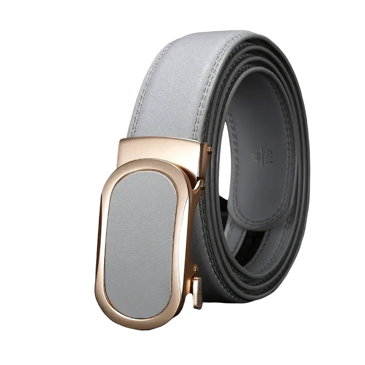 Light gray leather belt with rose gold-toned automatic buckle for casual men leather belts multicolor style