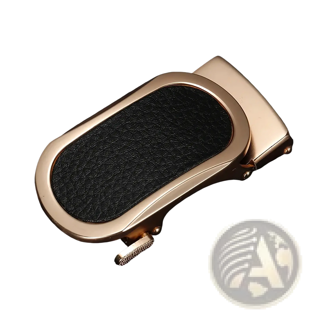Automatic buckle leather belt in rose gold frame with black leather for casual men in multicolor design