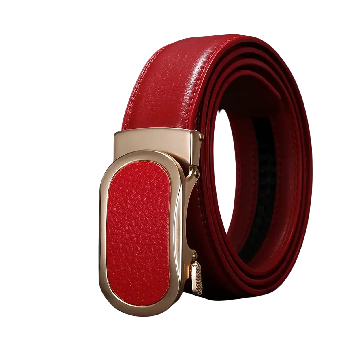 Red leather belt with gold-tone automatic buckle and inset red textured panel for casual men leather belts