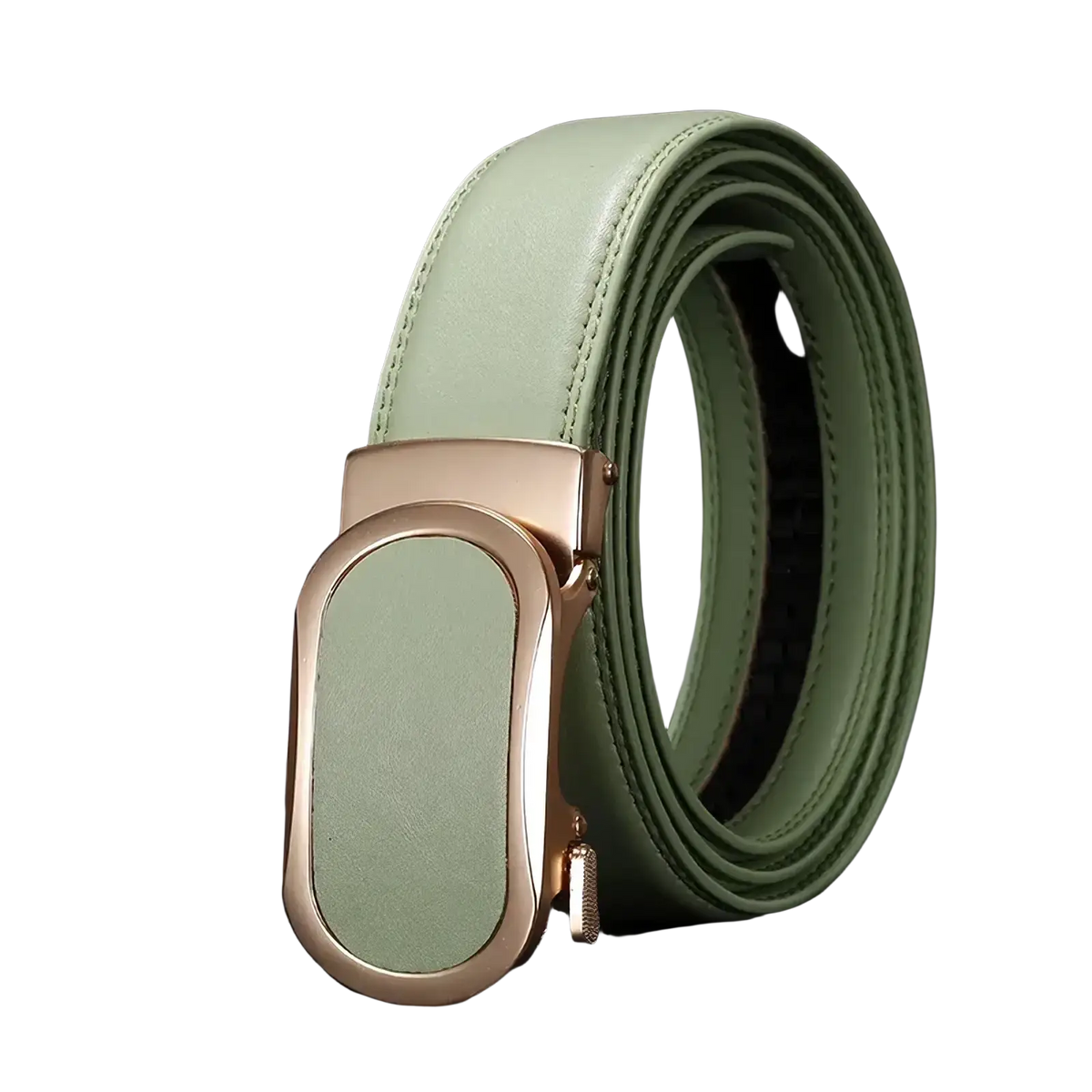 A sleek mint green leather belt for casual men with a rose gold-toned automatic buckle