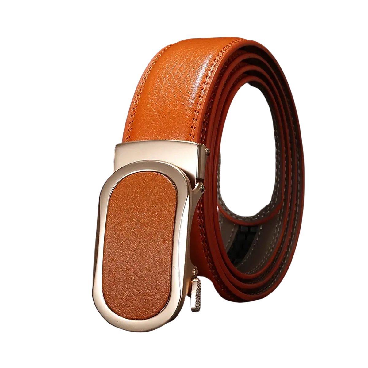 A sleek tan leather automatic buckle belt with a polished gold-tone buckle for casual men multicolor style