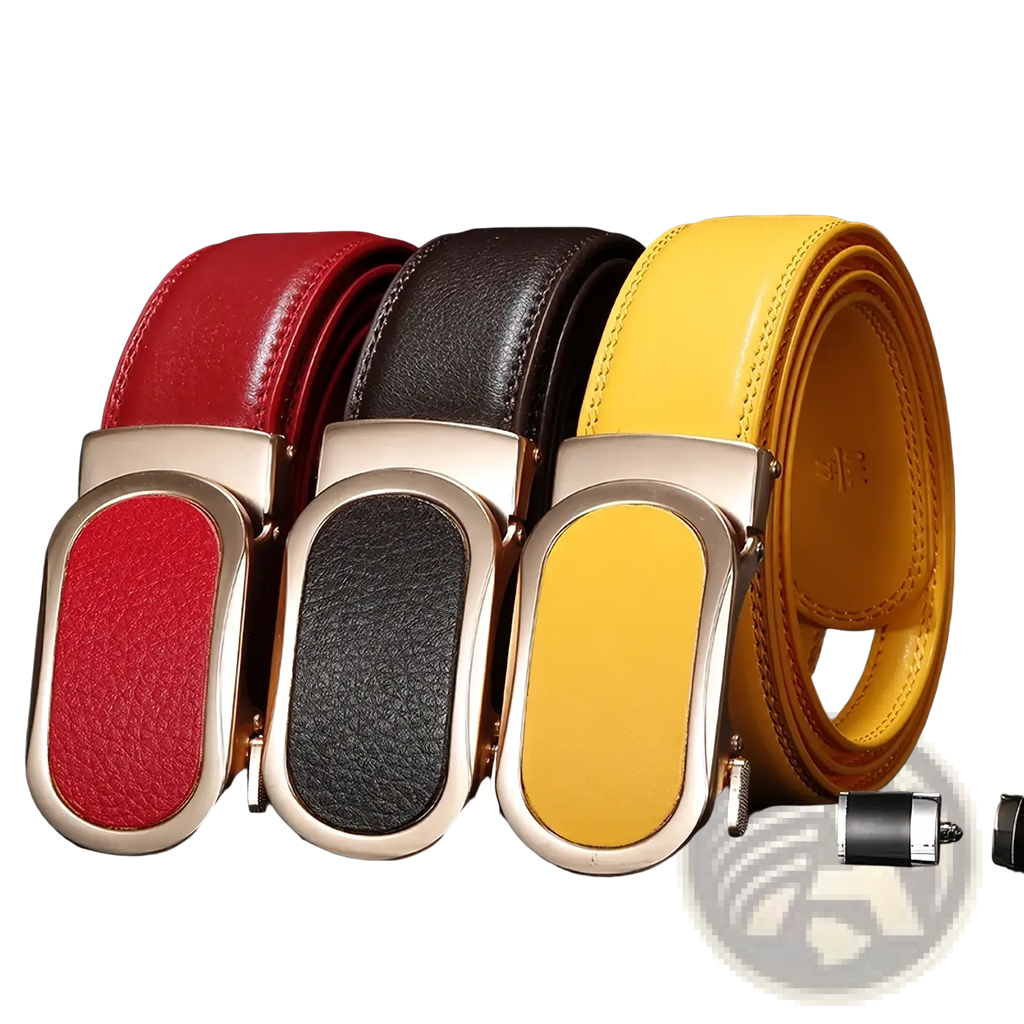 Three automatic buckle leather belts in red black and yellow for casual men featuring metallic buckles