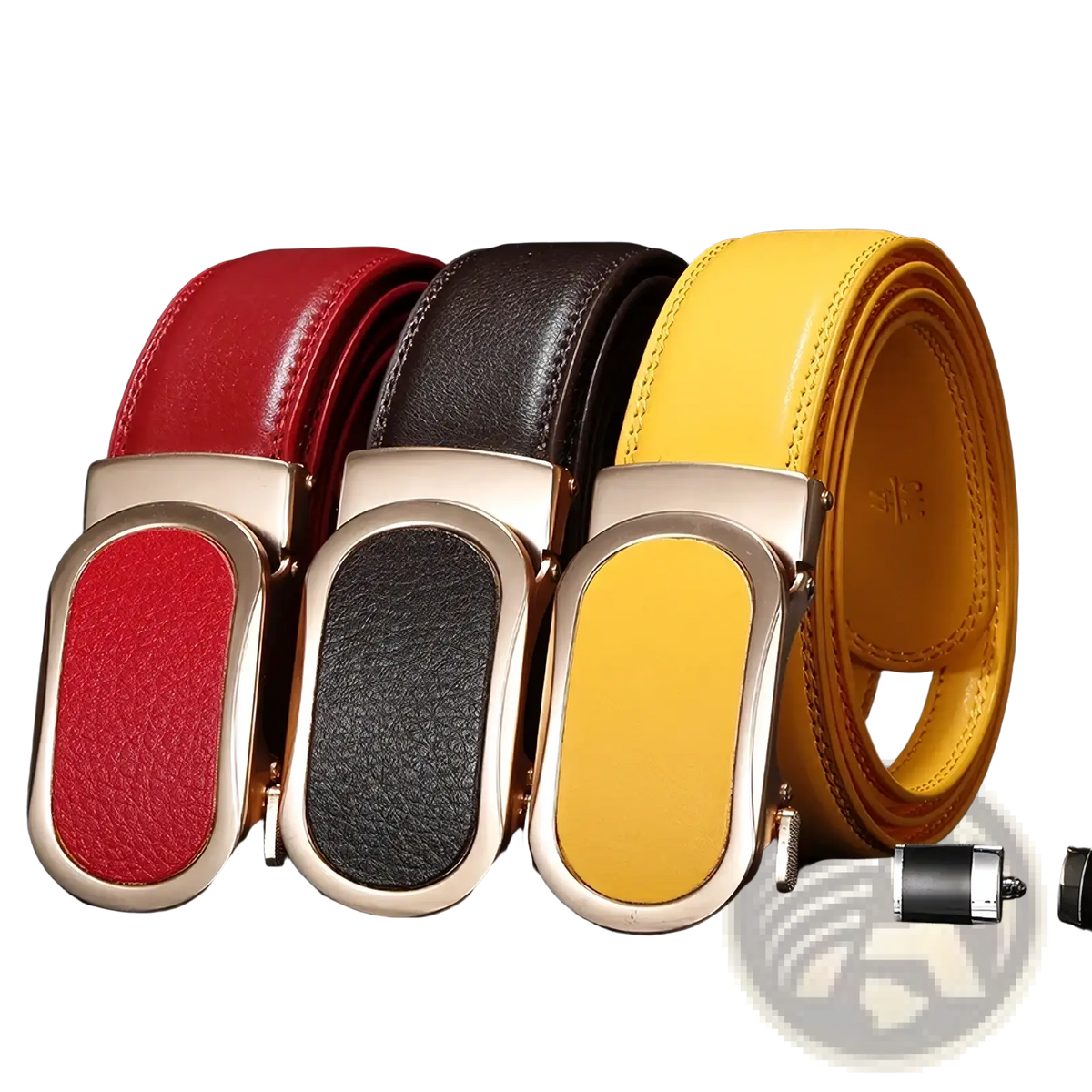 Three automatic buckle leather belts in red black and yellow for casual men featuring metallic buckles