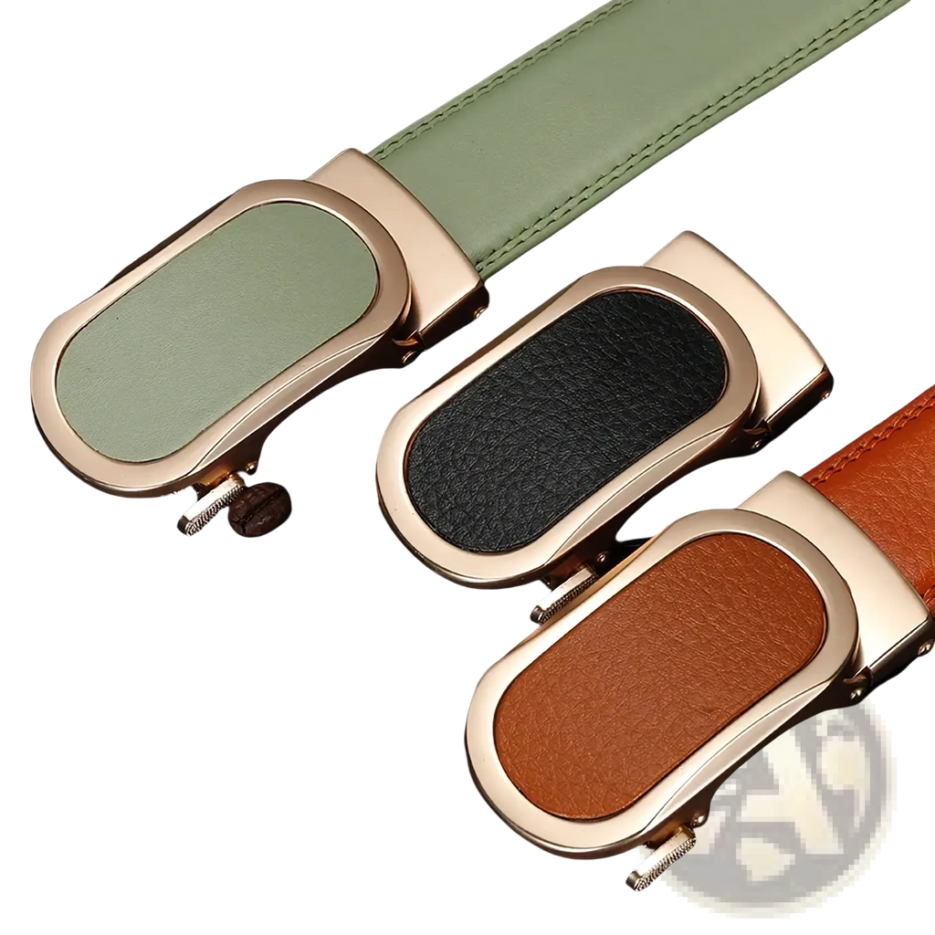 Three automatic buckle leather belts with rose gold tone frames and olive green black and brown leather inserts for men