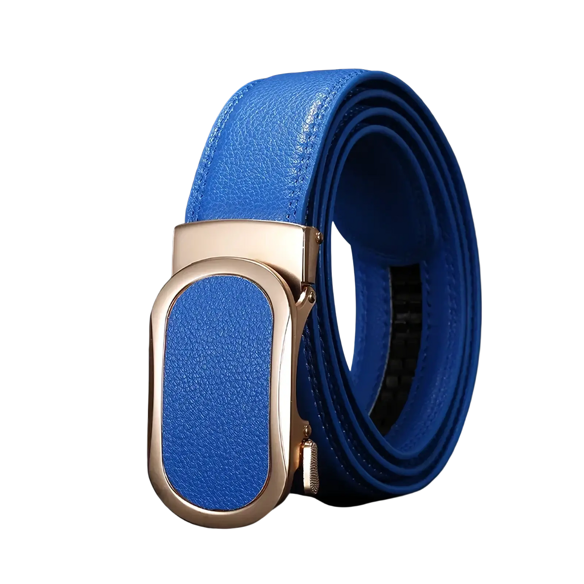 A vibrant blue leather automatic buckle belt with a sleek gold-tone buckle for casual men multicolor use