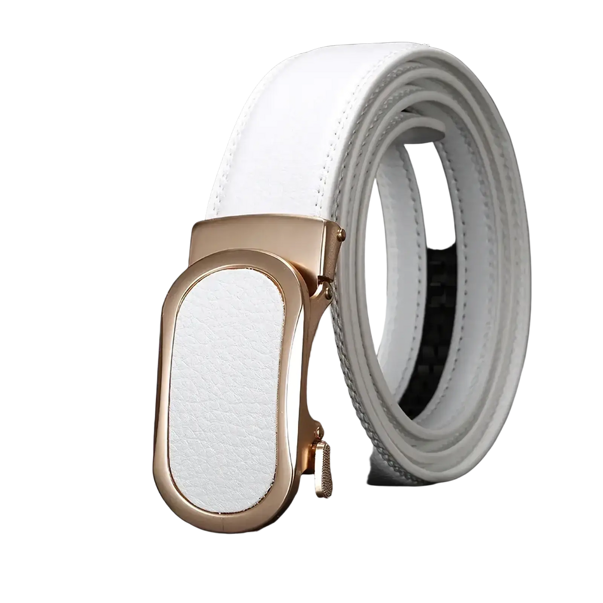 White leather belt with rose gold-toned automatic buckle designed for casual men leather belts