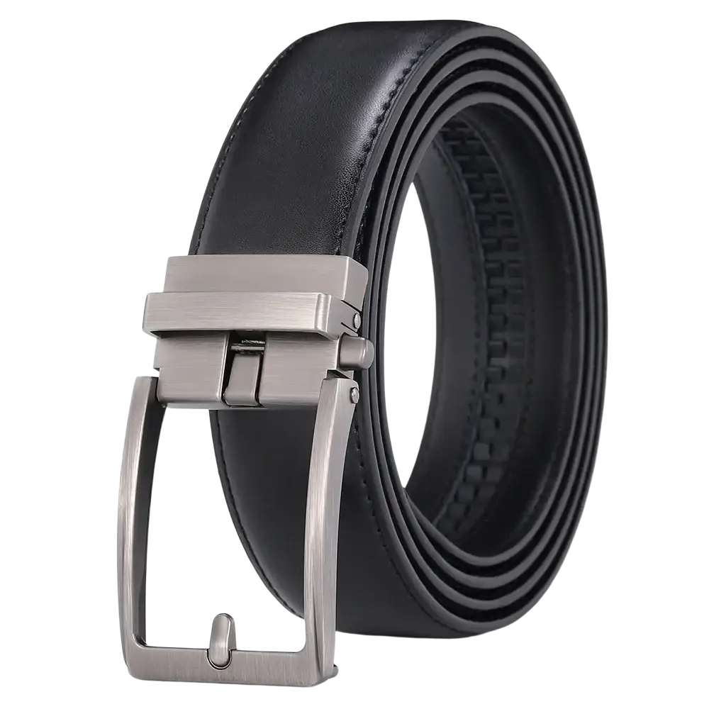 Black leather mens belt with a sleek brushed silver-tone automatic buckle for stylish and convenient wear