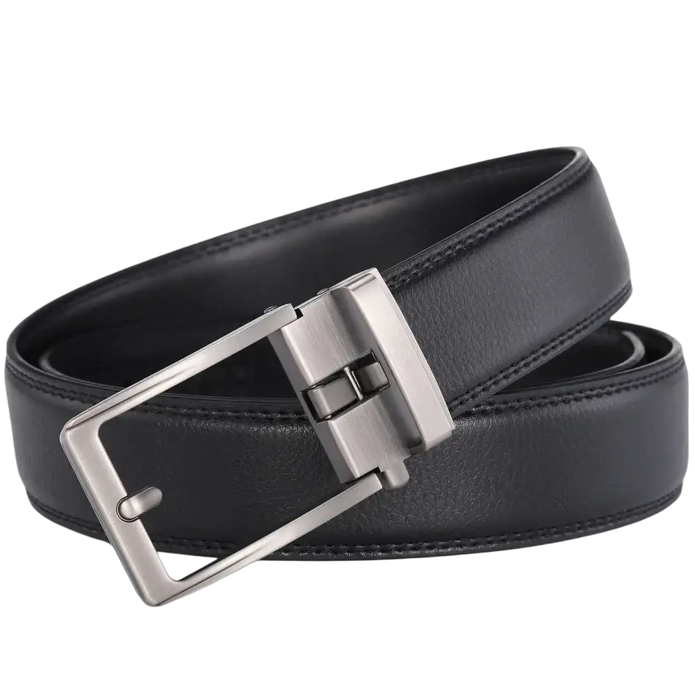 Black leather mens belt with a silver-toned automatic buckle designed for formal and casual wear