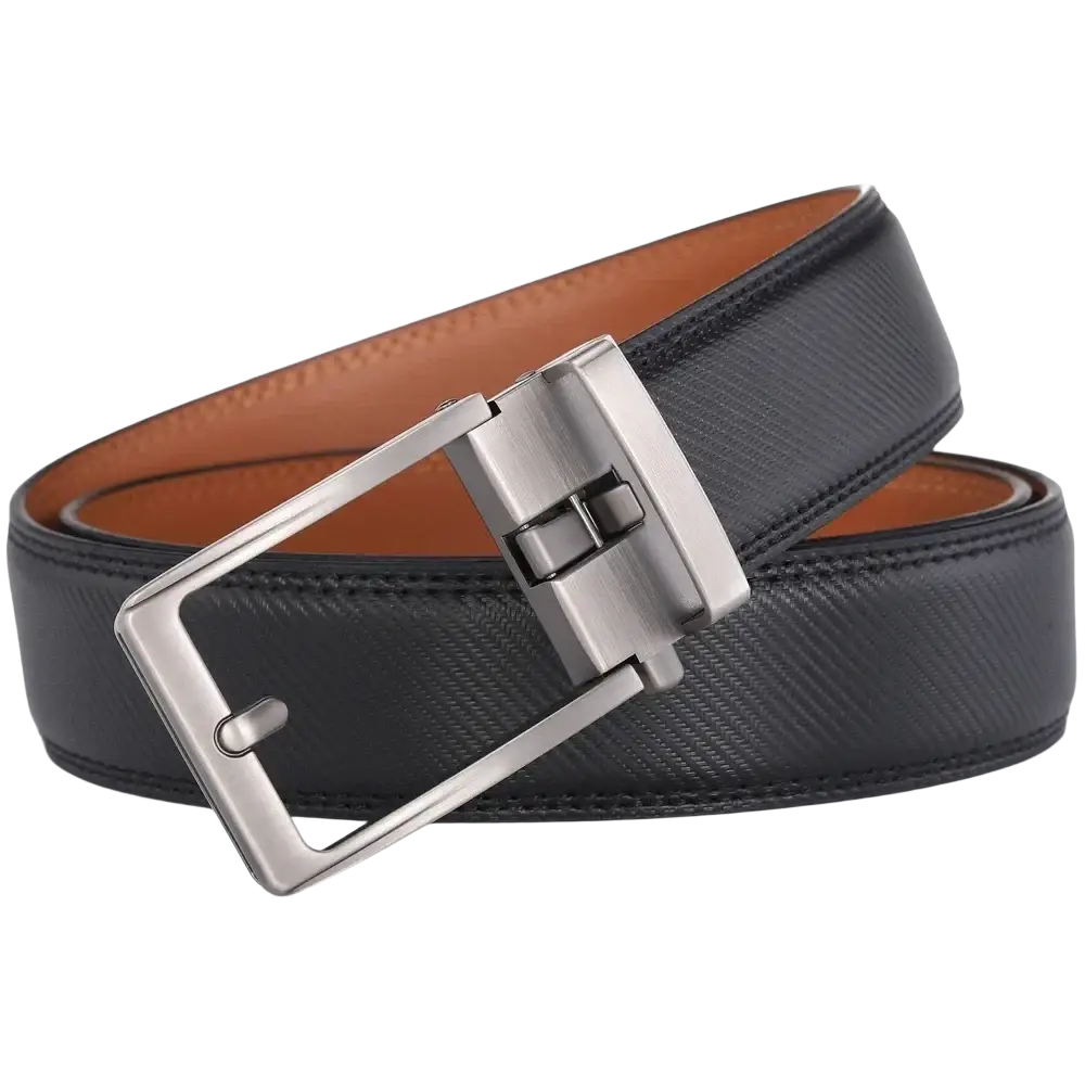 Black leather mens belt with silver-toned automatic buckle and tan inner lining for a sophisticated look