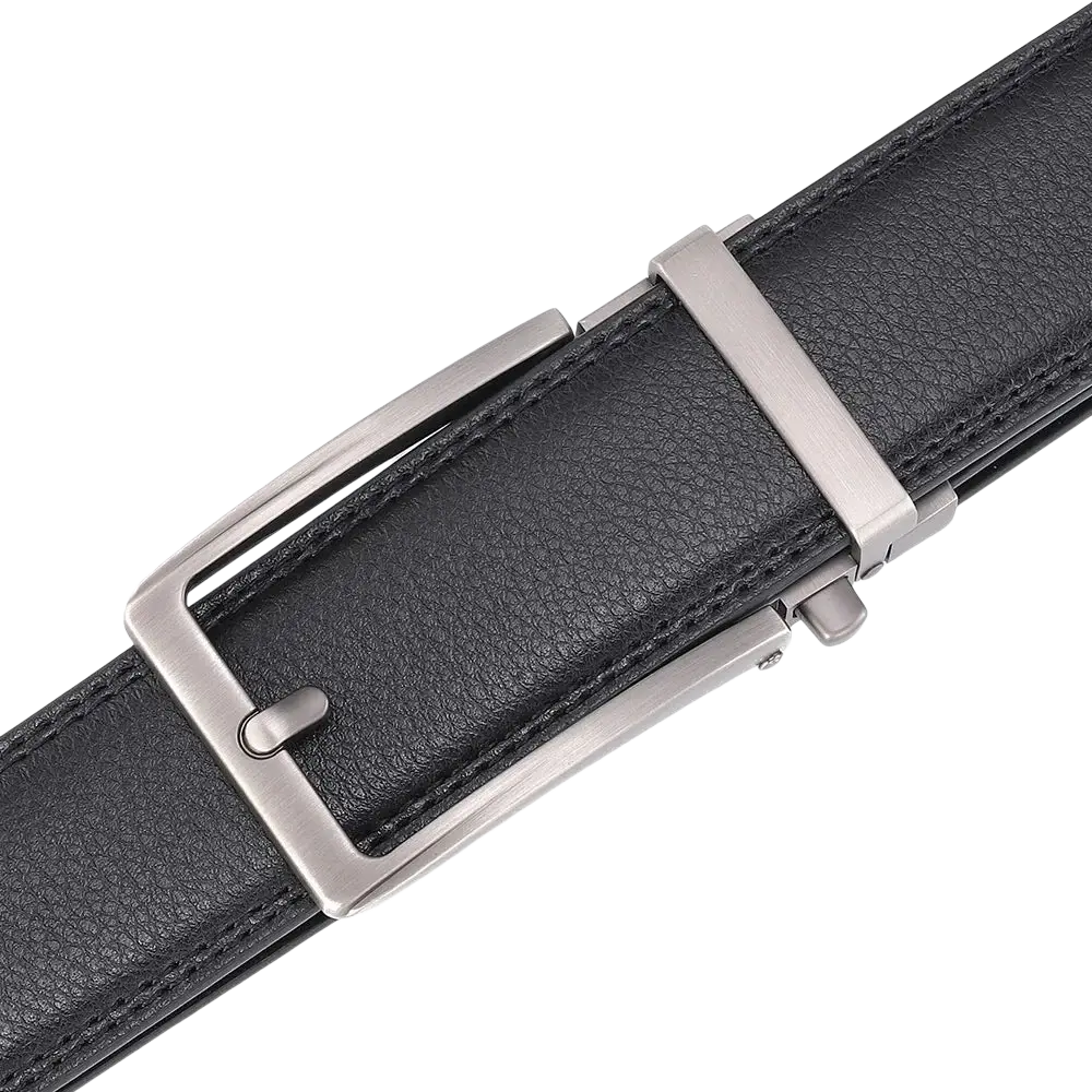 Black leather mens belt with a sleek silver-toned automatic buckle for stylish and convenient wear