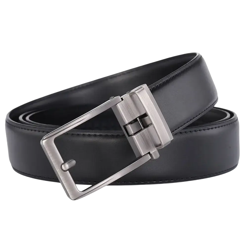 Black leather mens belt with automatic flip buckle in silver tone featuring a rectangular design for formal use