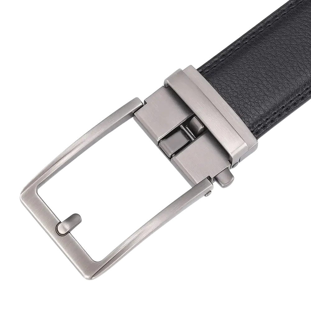 Black leather mens belt with sleek silver-toned automatic buckle for easy adjustment and stylish wear
