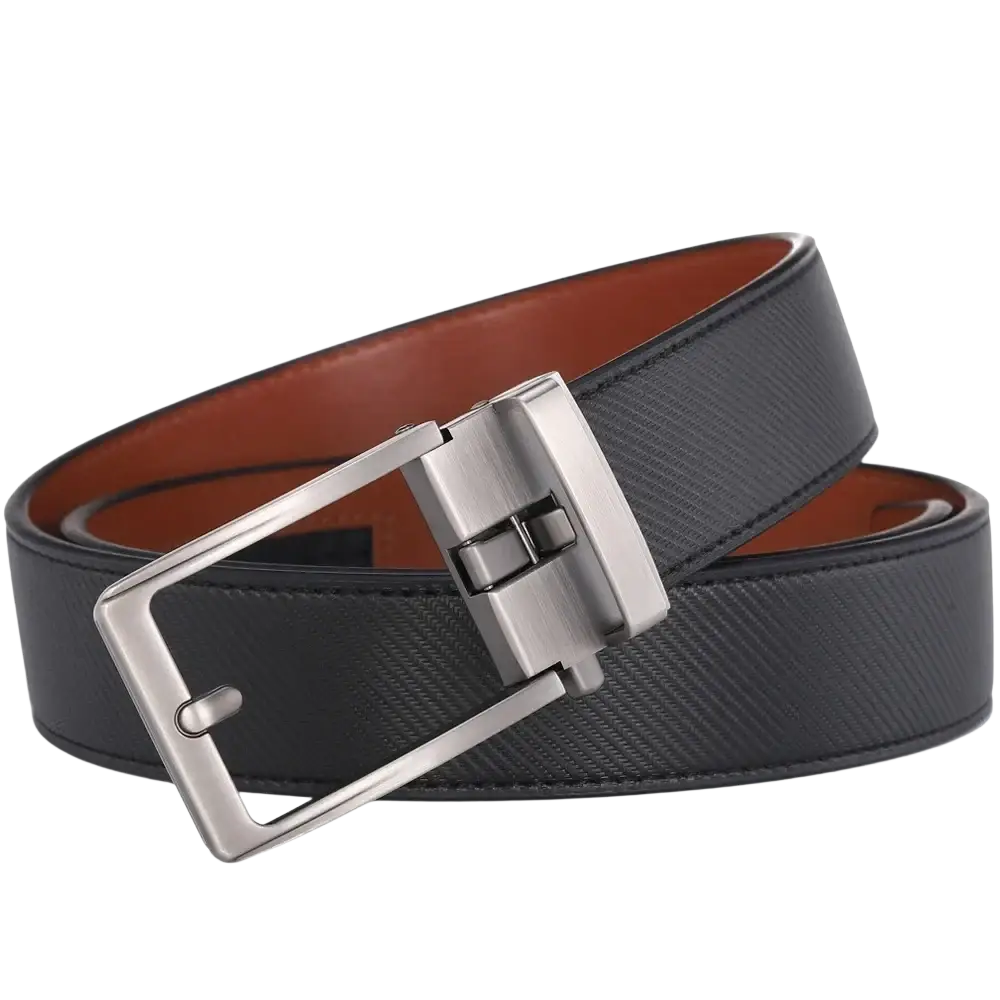 Black leather mens belt with a silver-toned automatic buckle and tan inner lining for secure fit