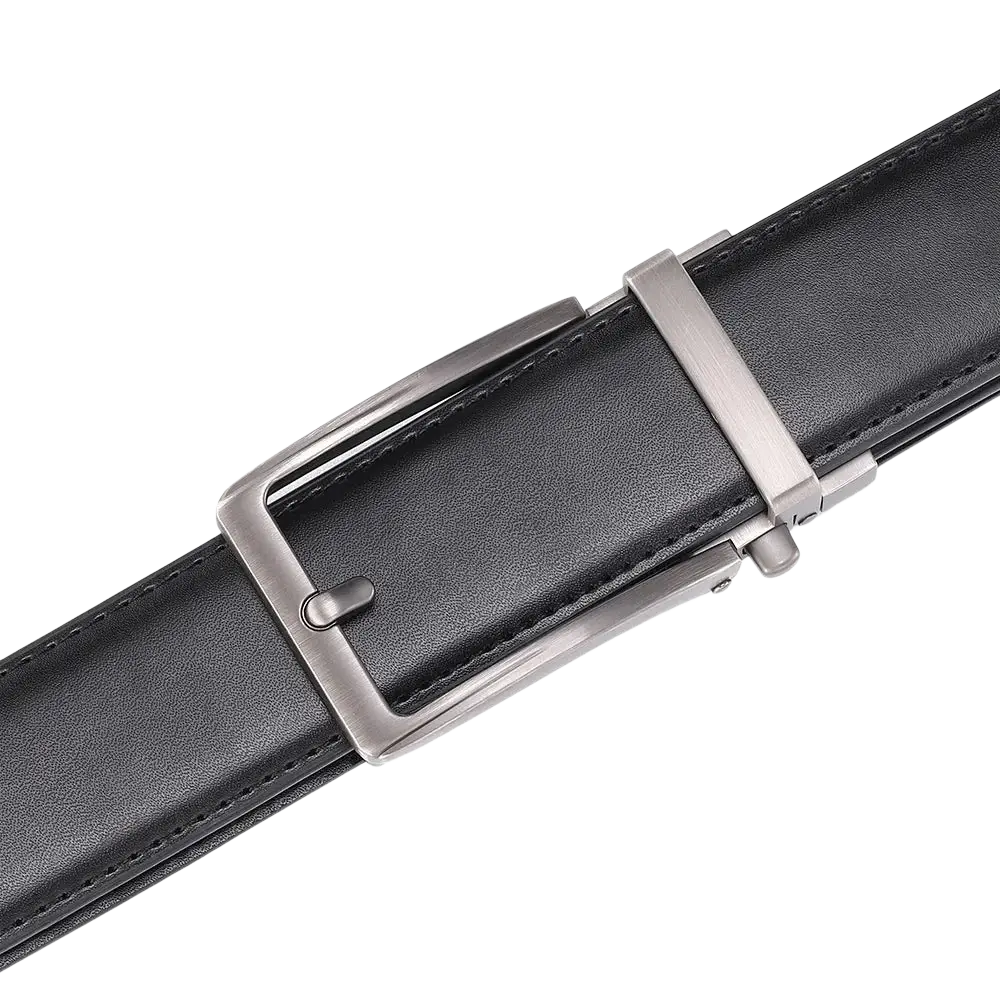 Black leather mens belt with a sleek silver-toned automatic buckle for easy adjustment and stylish wear