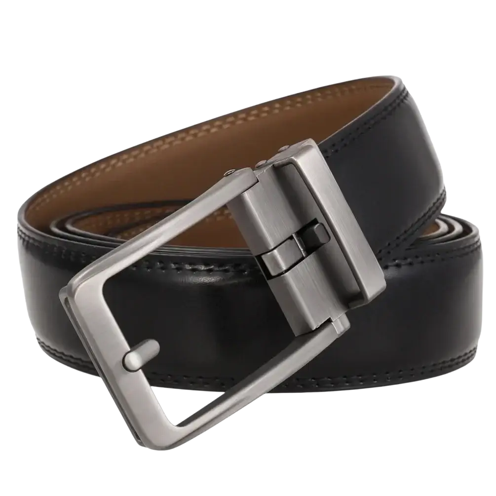 Black leather mens belt with silver-toned automatic buckle for elegant and convenient fastening