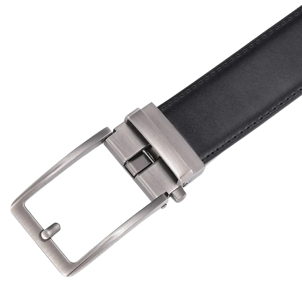 Black leather mens belt with a sleek brushed silver-toned automatic buckle for easy adjustment